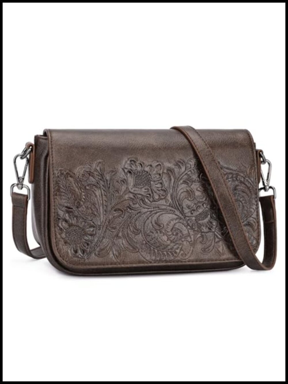 Small Floral Embossed Vegan Leather Crossbody Bag Adjustable Strap